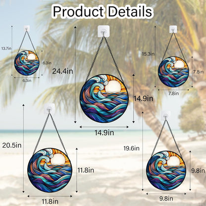 Stained Glass Window Hanging, Big Wave Sun Suncatcher Diamond Glass Panel Hangings Abstract Sun