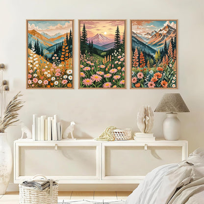 HPINUB Mountain Sunset Floral Framed Canvas Wall Art Set,Colorful Wildflower Daisy Flower Wall