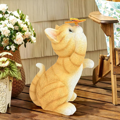 Solar Garden Statue Cat Figurine,Resin Cat Statue Playing Butterfly,Outdoor Decoration for