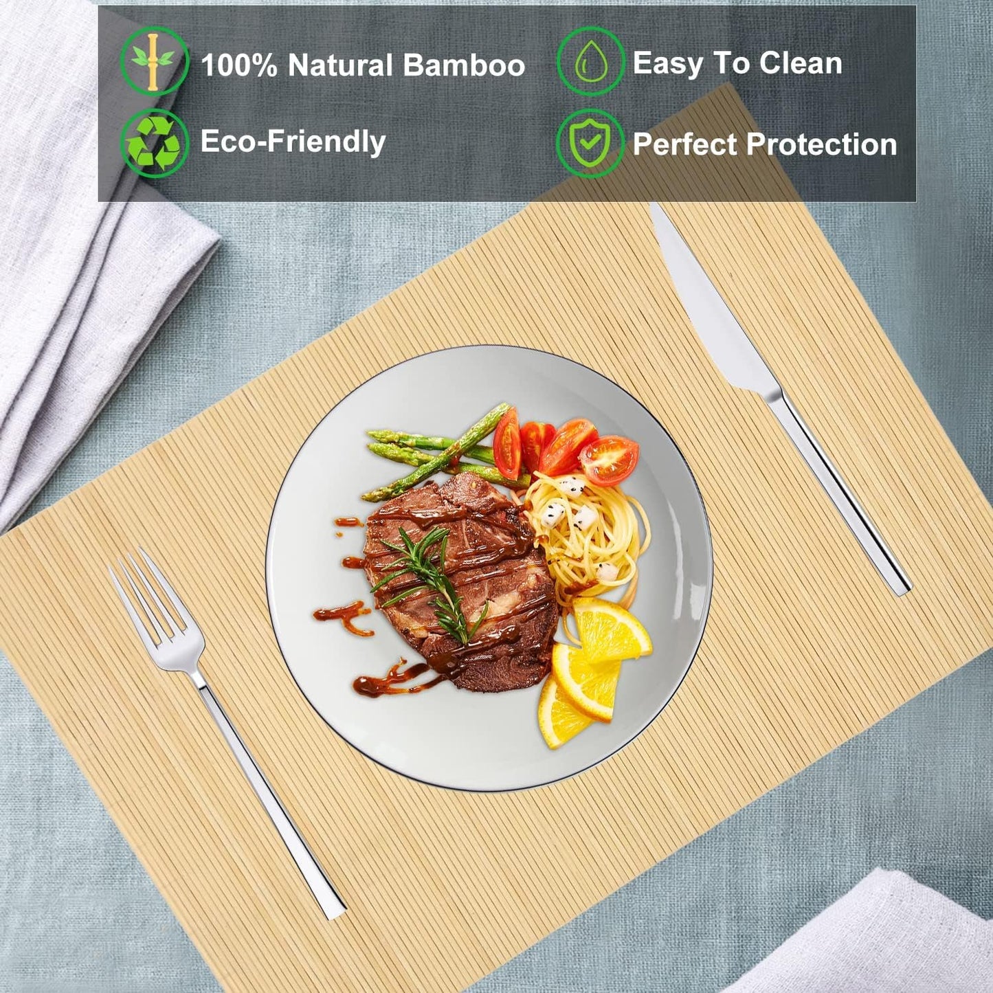 ANDSTAR Bamboo Placemats Set of 8 Waterproof - 12x18 Inch Reusable Table Mats for Dining