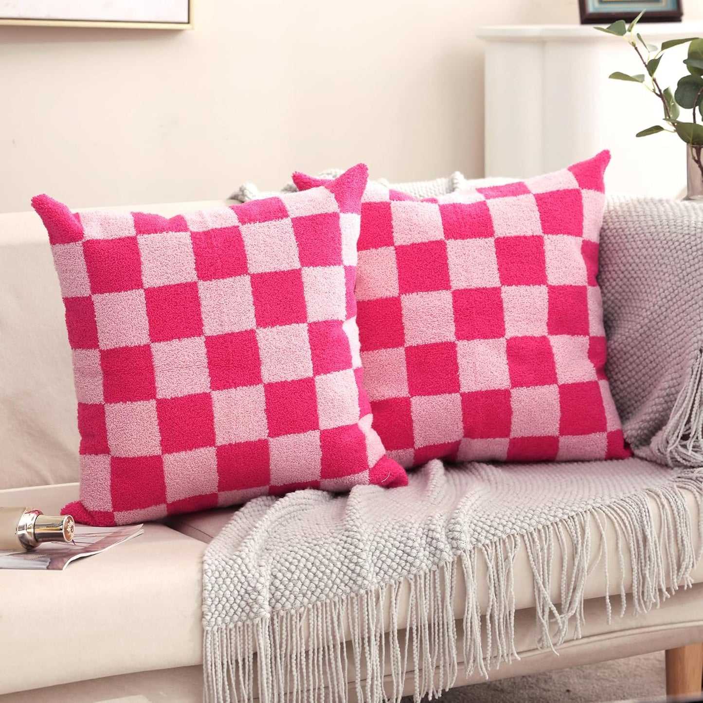 Alysheer Checkered Embroidered Decorative Throw Pillow Covers 18"x 18" Set of 2, Farmhouse Cottage