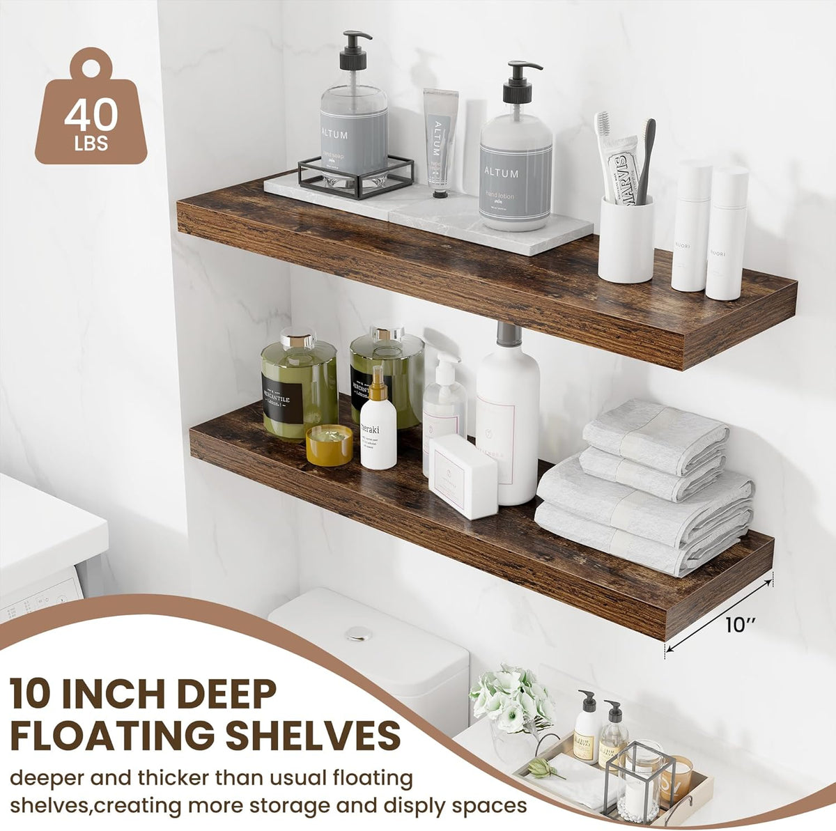 Fun Memories Floating Shelves for Wall 36 Inches, Wood Shelves with Invisible Bracket, 10" Deep