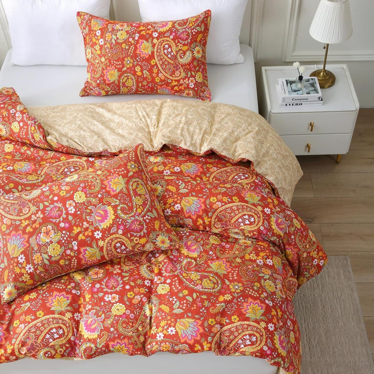 ABREEZE Paisley Bedding Sets 3Pcs Brushed Cotton Duvet Cover Set King Size Rustic Damask Red Floral