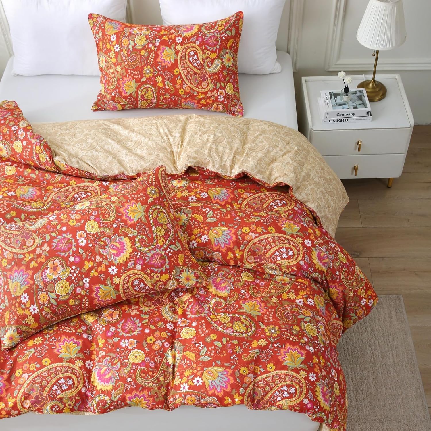 ABREEZE Paisley Bedding Sets 3Pcs Brushed Cotton Duvet Cover Set King Size Rustic Damask Red Floral