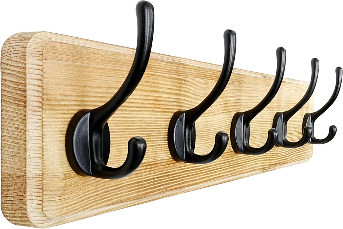 Dseap Coat Rack Wall: Patented, Heavy-Duty, 5-Double-Hooks Wooden Wall Mounted Coat Rack Coat