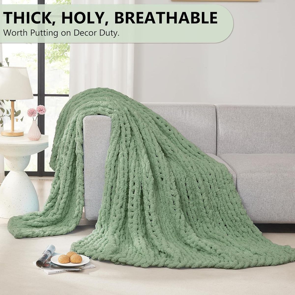L'AGRATY Chunky Knit Blanket Throw: 80''x90'' Chenille Chunky Knitted Throw Blanket for Bed Couch