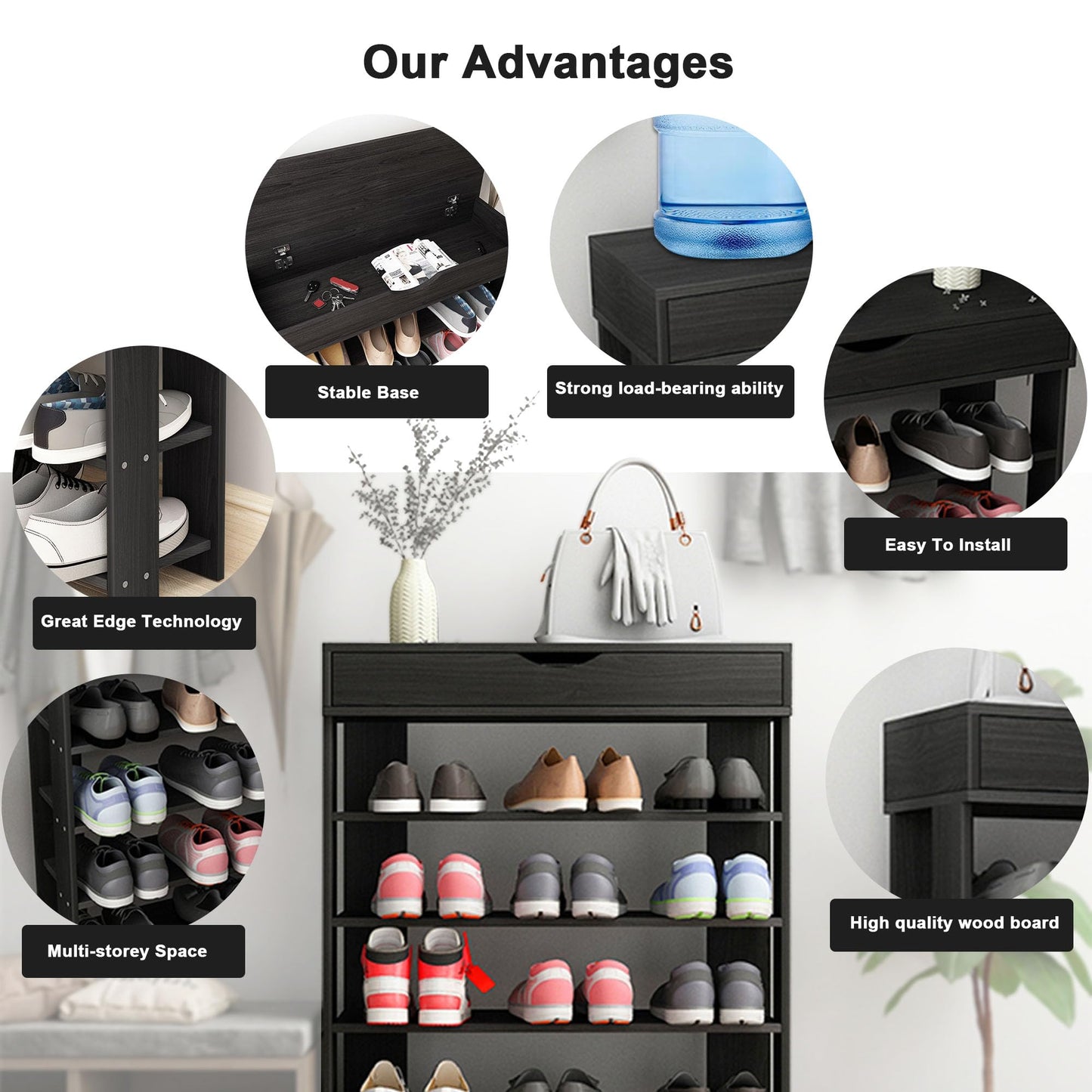 DlandHome Shoe Rack Shoe Storage Cabinet, 5 Tier Shoe Racks, Wooden Shoes Heels Sneakers Storage