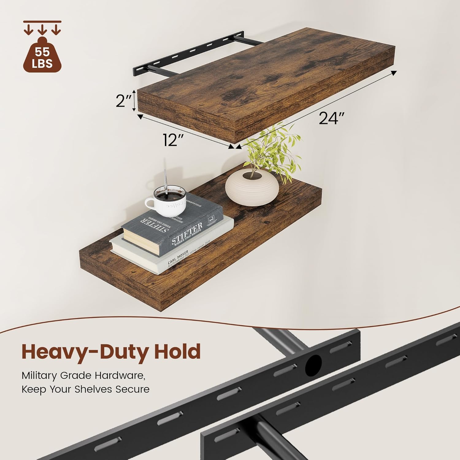 12" Deep Floating Shelves for Wall 24 Inches Long, Heavy Duty Wall Shelves for Bedroom Bathroom