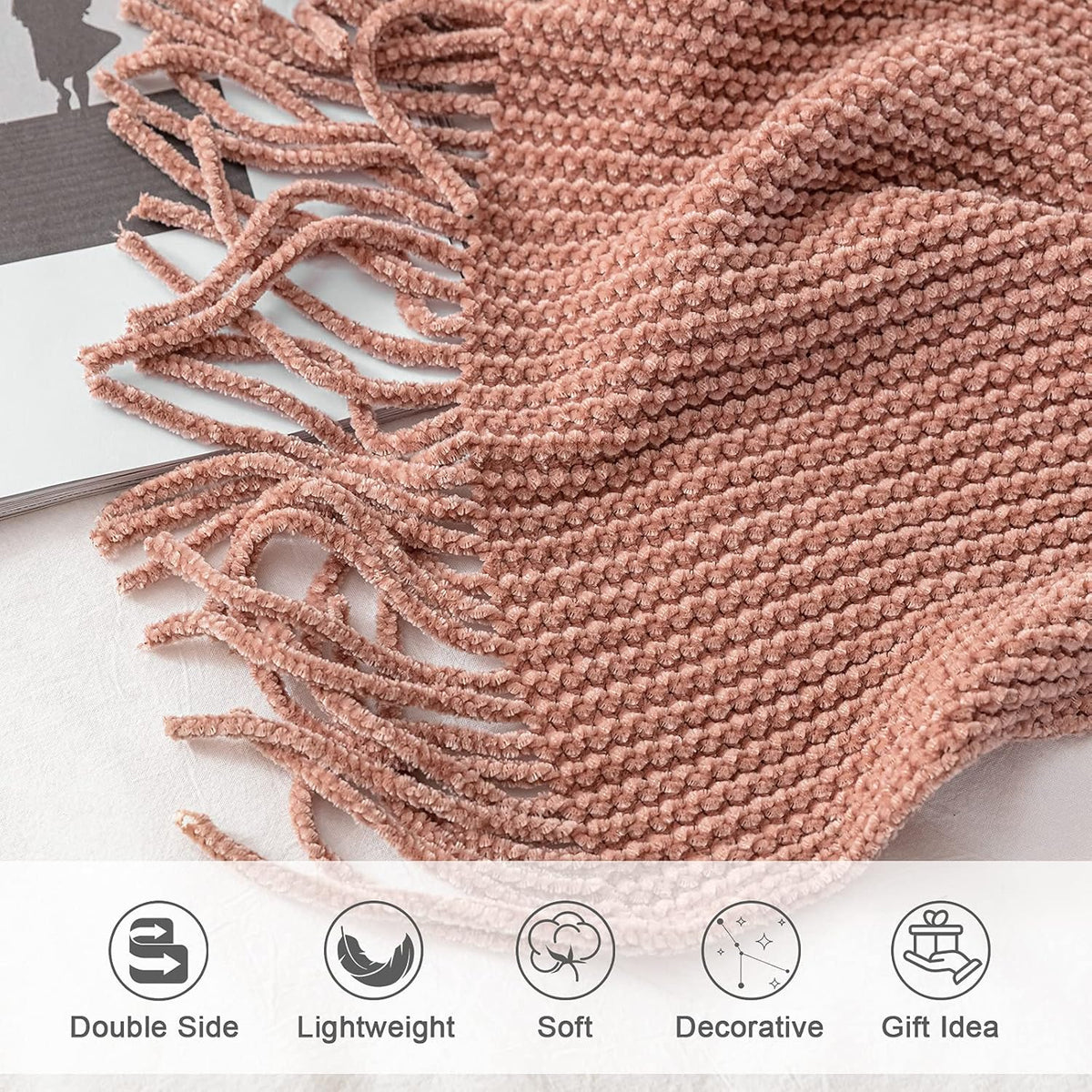 lifein Pink Throw Blanket for Couch, Soft Boho Decor Bed Throw,Cozy Chenille Knitted Small