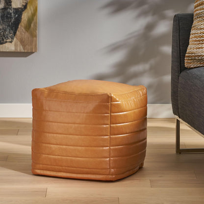 GDFStudio Contemporary Faux Leather Channel Stitch Pouf Ottoman Foot Stool - Bean Bag Floor Chair