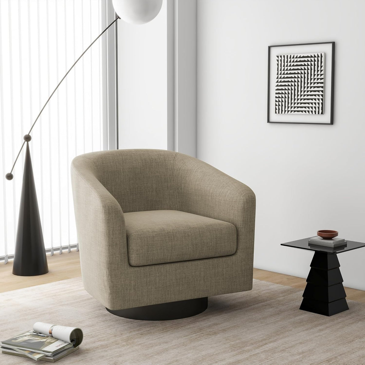 Swivel Barrel Accent Chair, Modern Round Linen Arm Chair for Living Room, Bedroom, Comfy Club