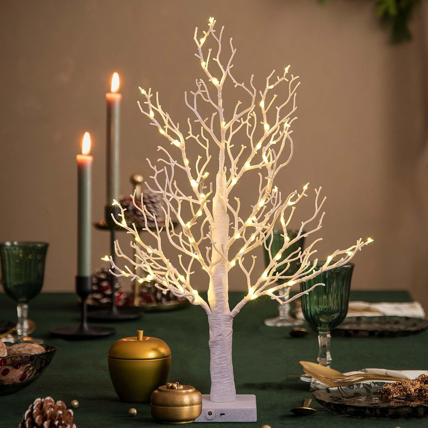 LIGHTSHARE 24IN Lighted Willow Tree Bonsai 70 Mini LED Lights Artificial White Birch Tree for Home