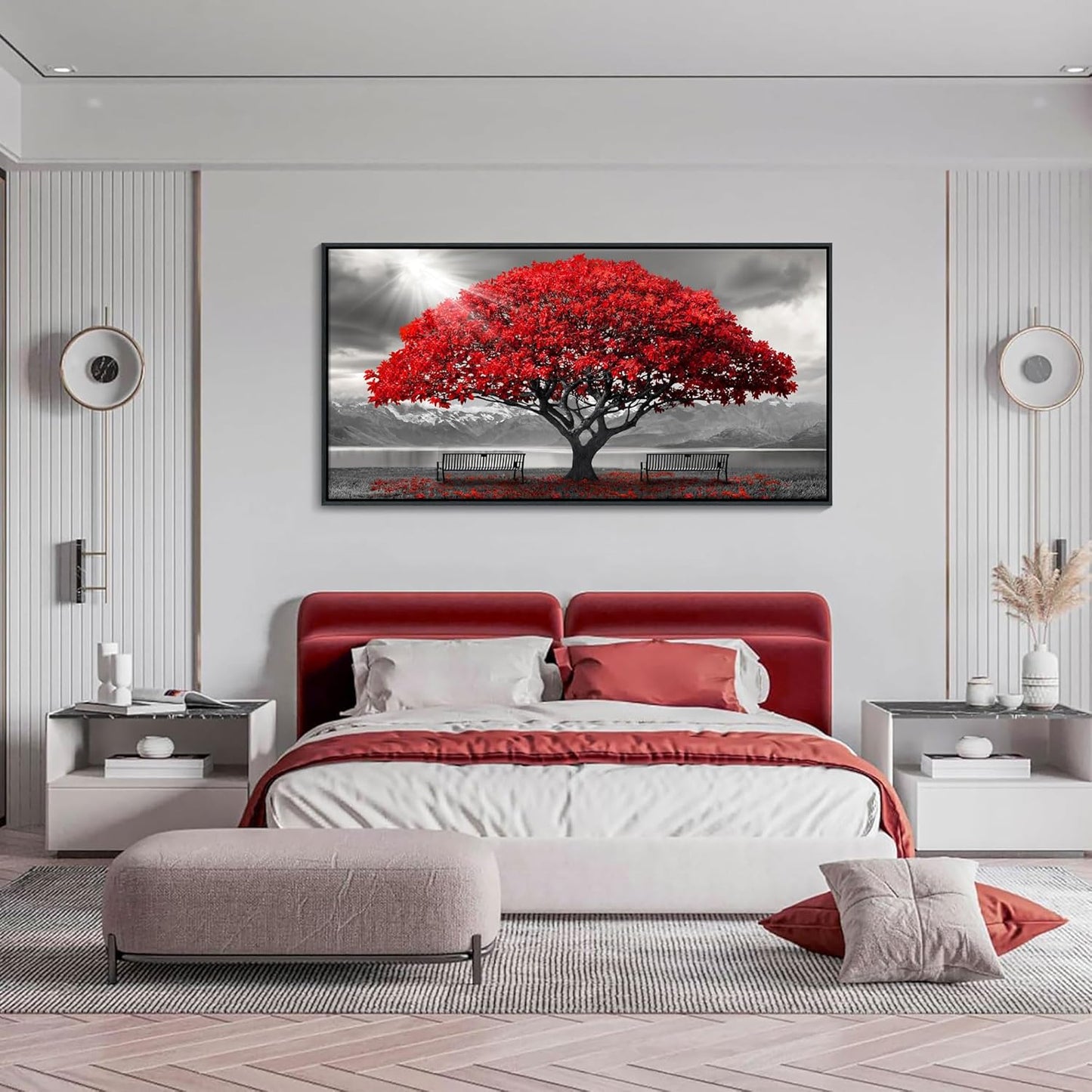 AJAZIKO Red Wall Art - Modern Framed Wall Art for Living Room - Red Tree Black and White Landscape