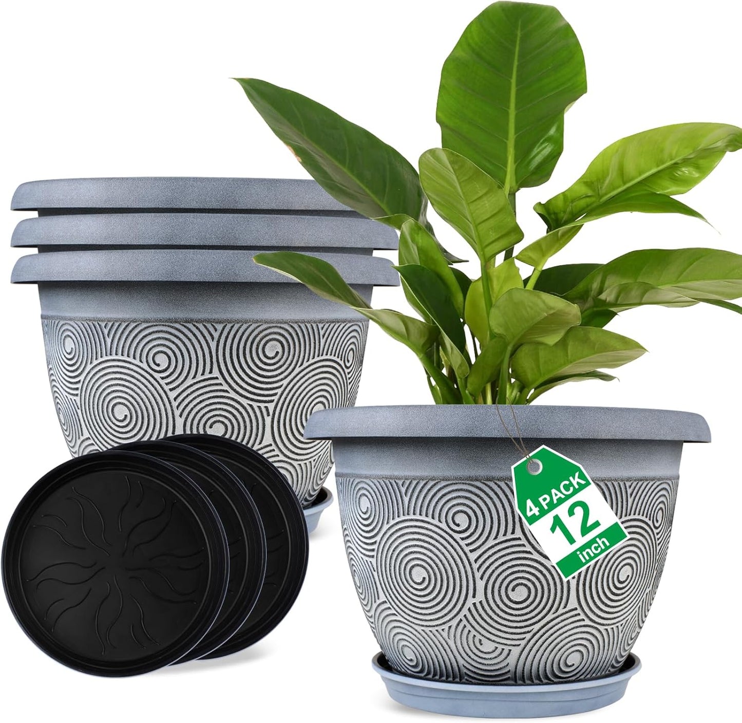 12 Inch Large Planter Pot for Plants Indoor Outdoor, 4 Pack Plastic Flower Pots with Drainage Hole