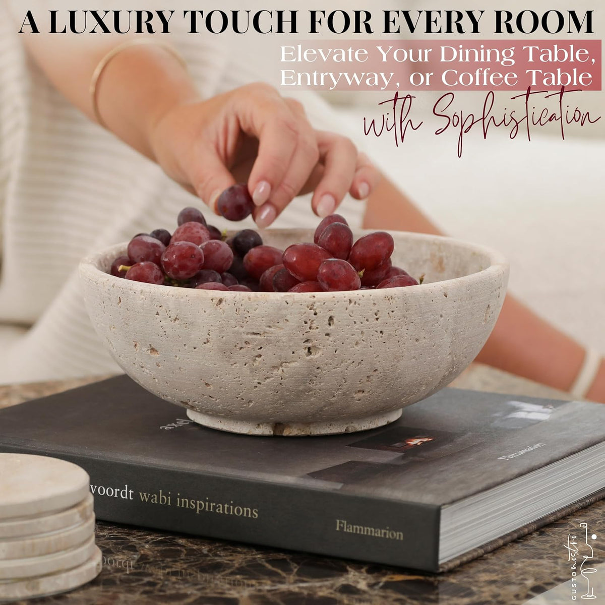Gusto Nostro 8" Decorative Travertine Bowl for Coffee Table - Elegant Centerpiece, Aesthetic Fruit