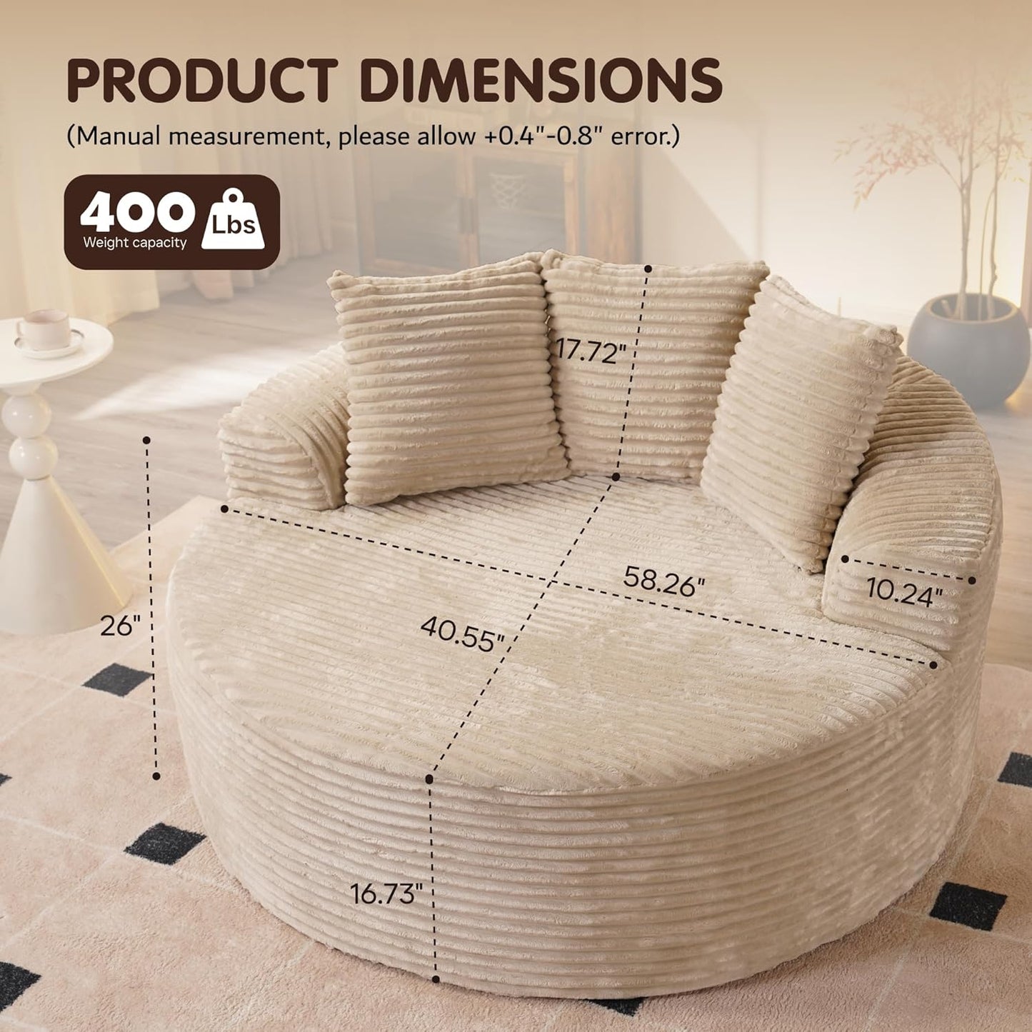 ovios 58" Oversized Round Chair Lounge Chaise Indoor, No Assembly Required, Cloud Large Circle