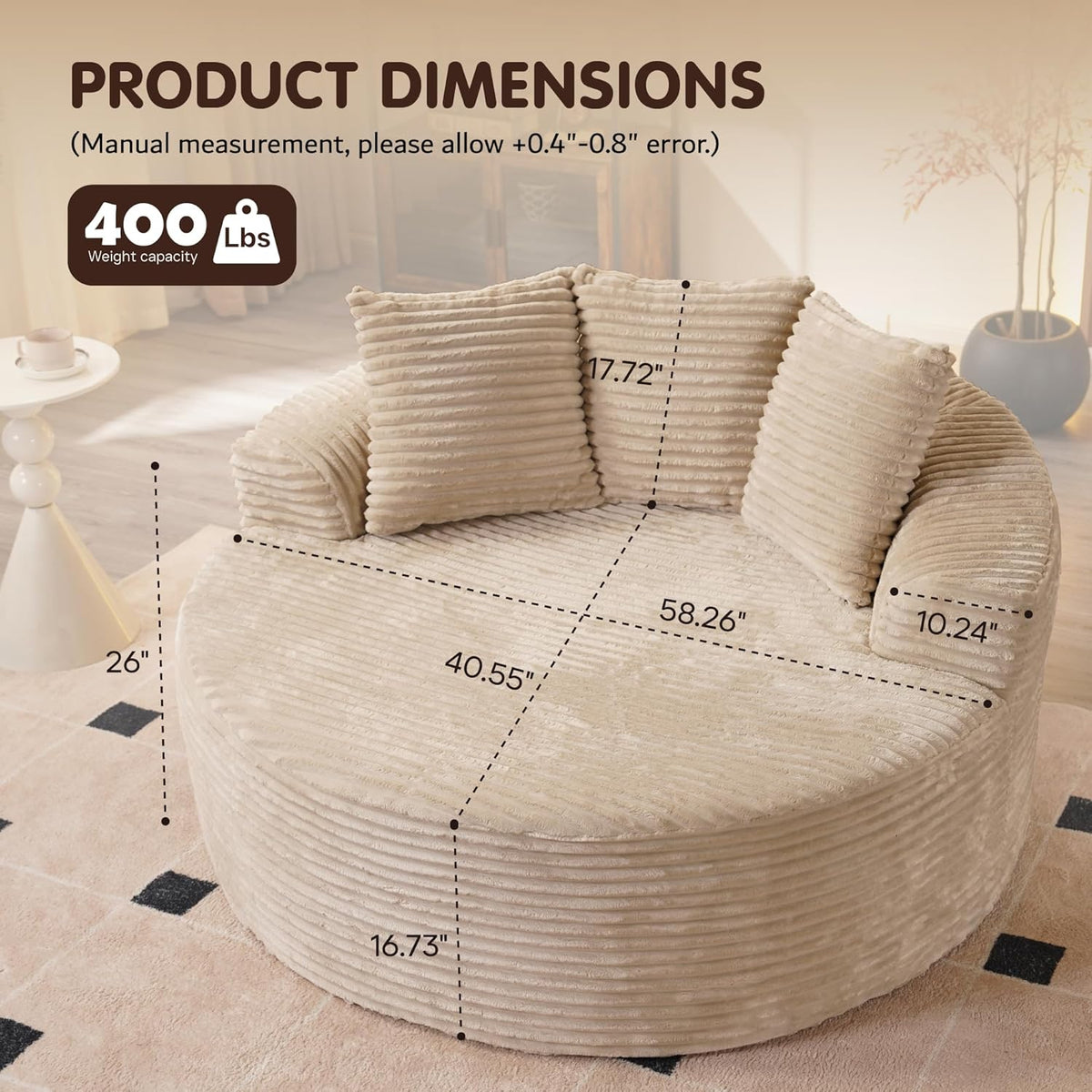 ovios 58" Oversized Round Chair Lounge Chaise Indoor, No Assembly Required, Cloud Large Circle