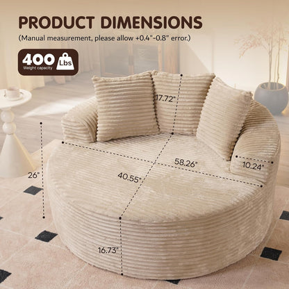 ovios 58" Oversized Round Chair Lounge Chaise Indoor, No Assembly Required, Cloud Large Circle