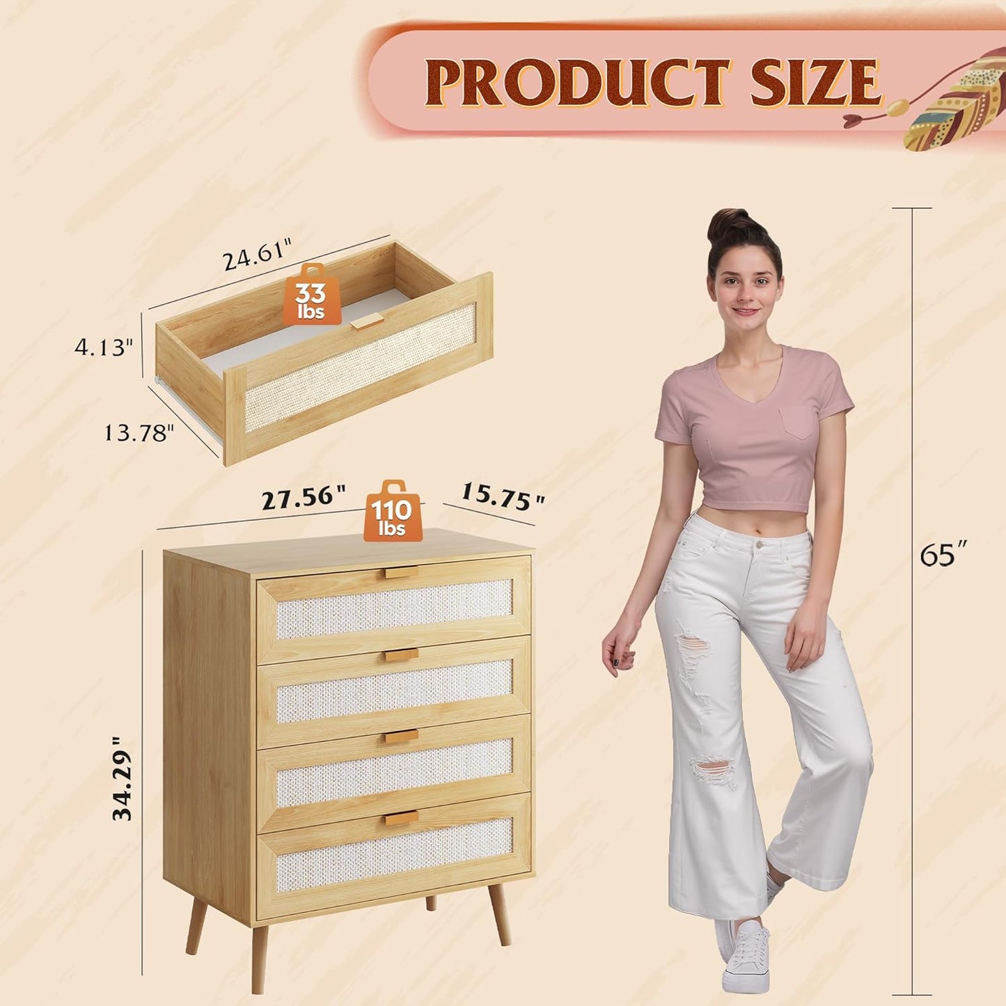 WLIVE Rattan Dresser for Bedroom, 4 Drawer Wood Boho Dresser Storage with Gold Metal Handle, Chest