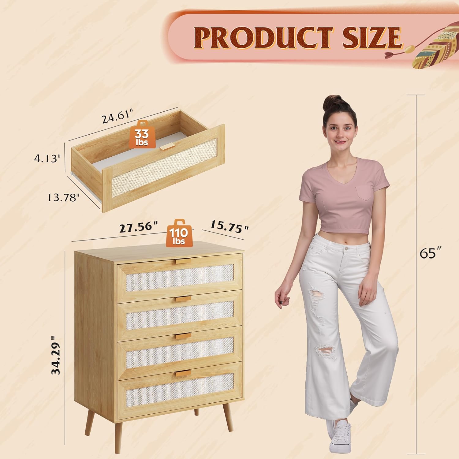 WLIVE Rattan Dresser for Bedroom, 4 Drawer Wood Boho Dresser Storage with Gold Metal Handle, Chest