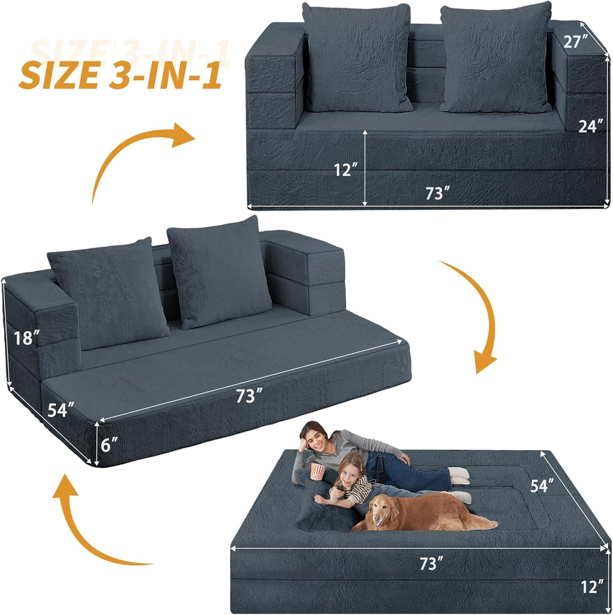 Folding Bean Bag Chair for Adults,3-in-1 Bean Bag Couch Faux Fur Floor Sofa Large Beanbag