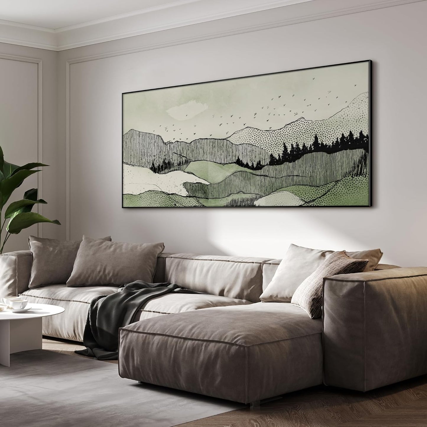 SIGNWIN 36"x72" Extra Large Framed Wall Art Green Line Art Mountain Landscape Illustration for Home
