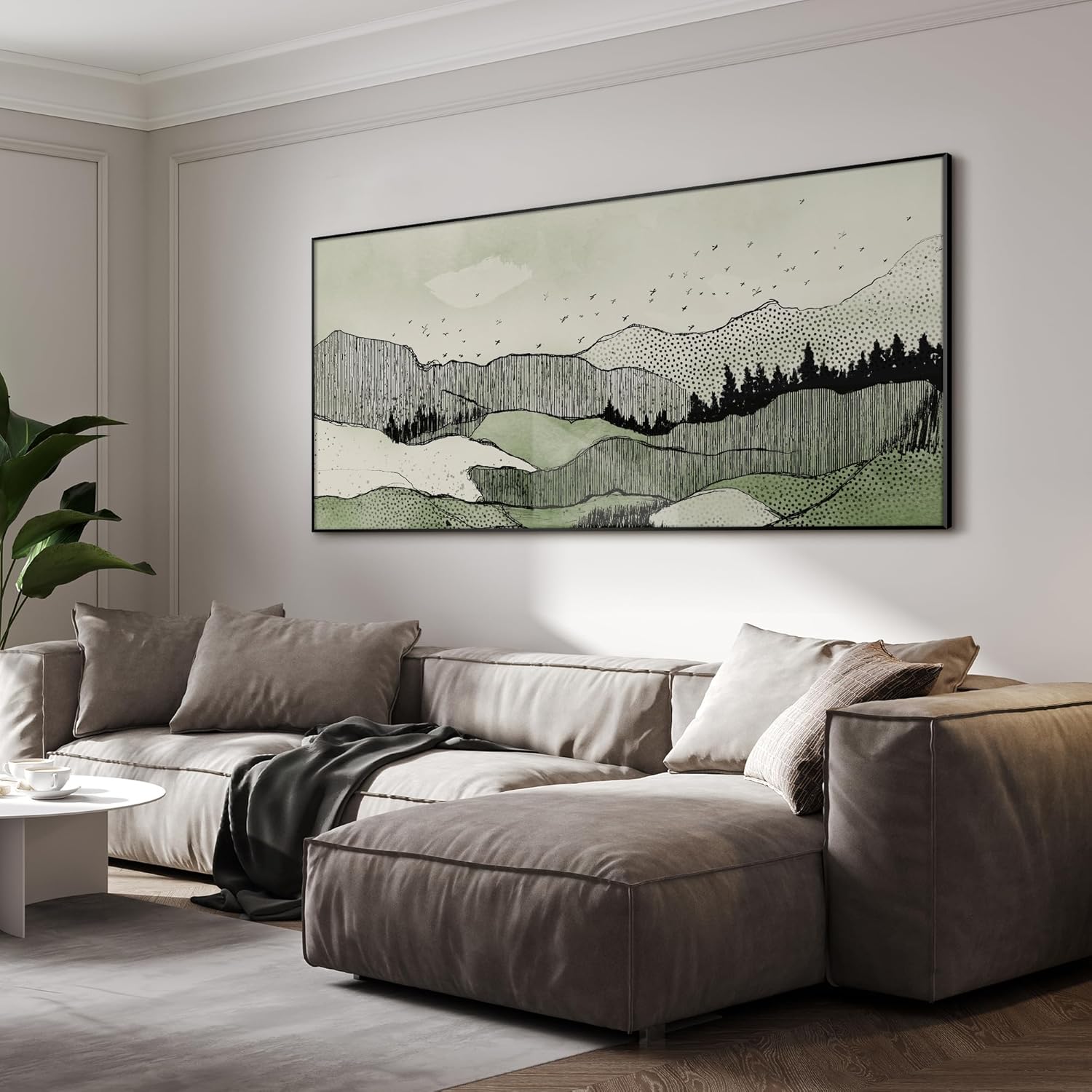 SIGNWIN 36"x72" Extra Large Framed Wall Art Green Line Art Mountain Landscape Illustration for Home