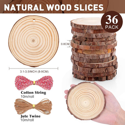36 Pack Nature Wood Slices for Crafts,3.1-3.5In Unfinished Natural Wood Rounds.Wood Circles