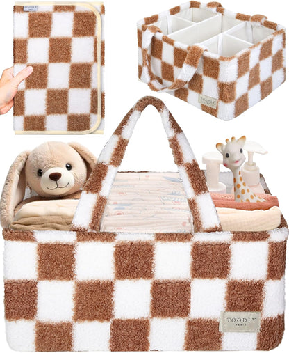 Checkered Diaper Caddy Organizer with Portable Changing Mat - Teddy Fleece Diaper Organizer for