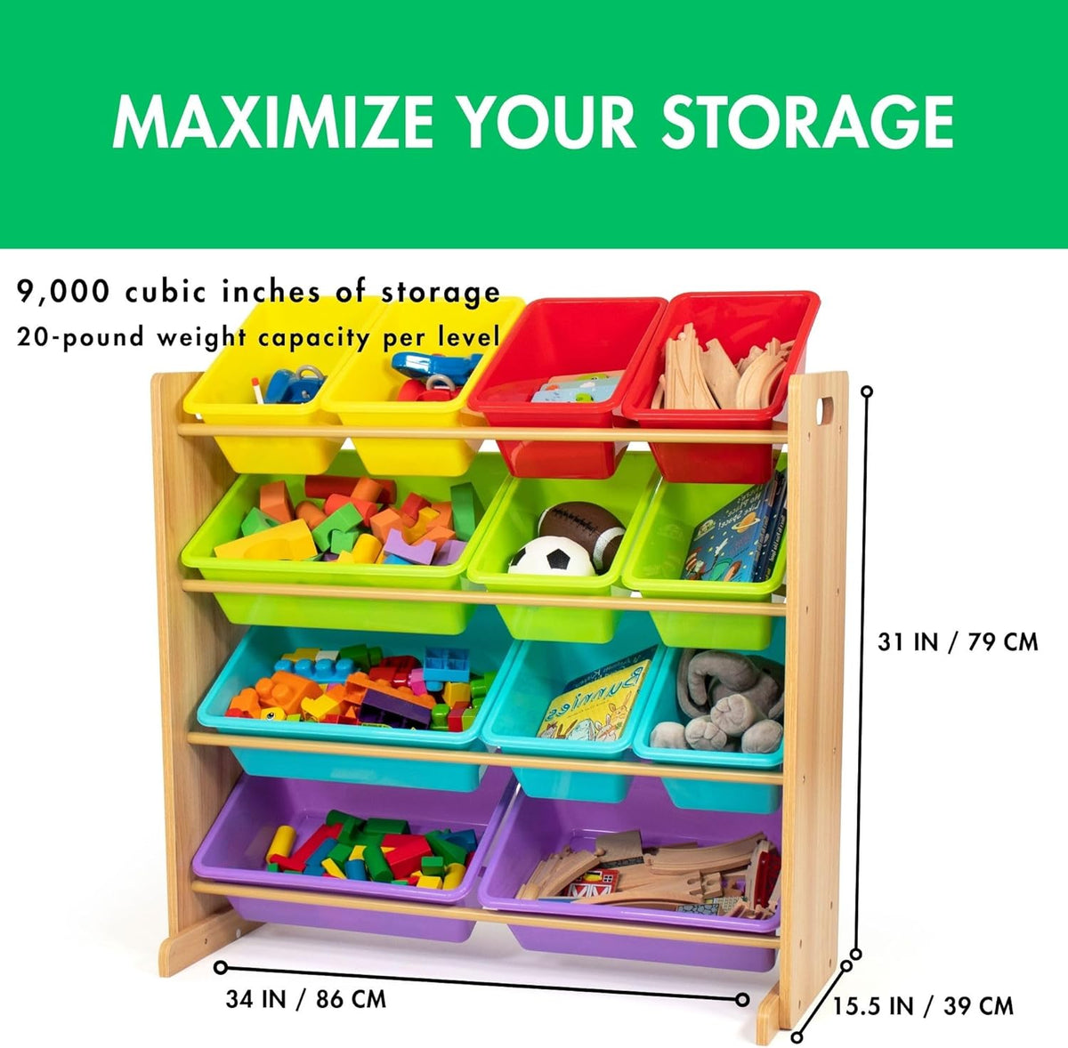 Humble Crew Kids Toy Storage Organizer with 12 Plastic Bins, Natural Wood/Rainbow – Removable Bins