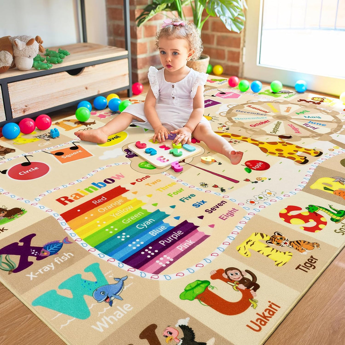 6x9 Playroom Rugs for Kids Washable, Educational and Fun Playmat with ABC Alphabet Animals Shapes