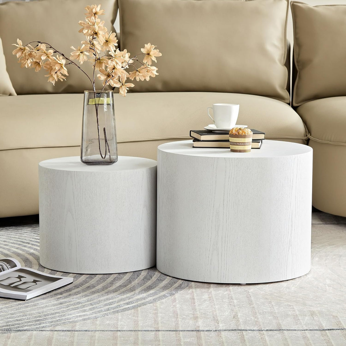 WILLIAMSPACE 18.9" White Nesting Coffee Table Set of 2, Modern Black Round Coffee Tables Circle