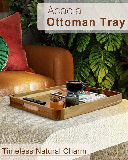 22 Inches Acacia Wood Serving Tray with Handles, Large Wooden Rectangle Ottoman Tray, Nice Home