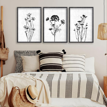 Flower Plant Wall Art Decor 24"x16" Set of 3 Black And White Botanical Painting Wood Framed For