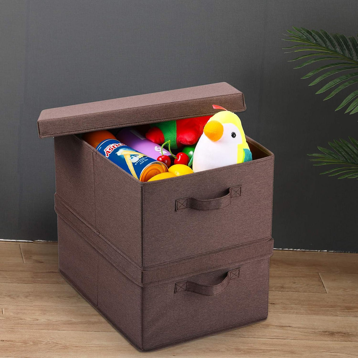 HOONEX Linen Foldable Storage Bins with Lids, 2 Pack, Storage Boxes with Carrying Handles and