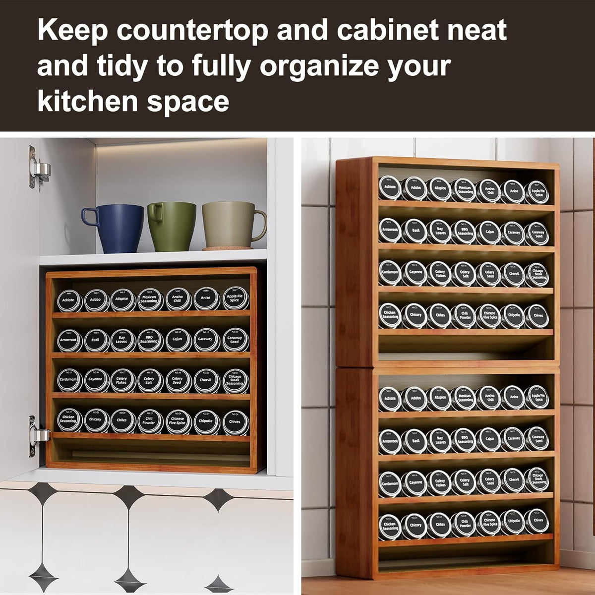 Orimade 4 Tier Spice Rack Organizer for Cabinet, Freestanding Bamboo Seasoning Rack for Countertop