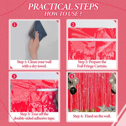 3 Pack Foil Fringe Backdrop - Pastel Red Shiny Tinsel Curtains for Party Decoration/Photo Booth