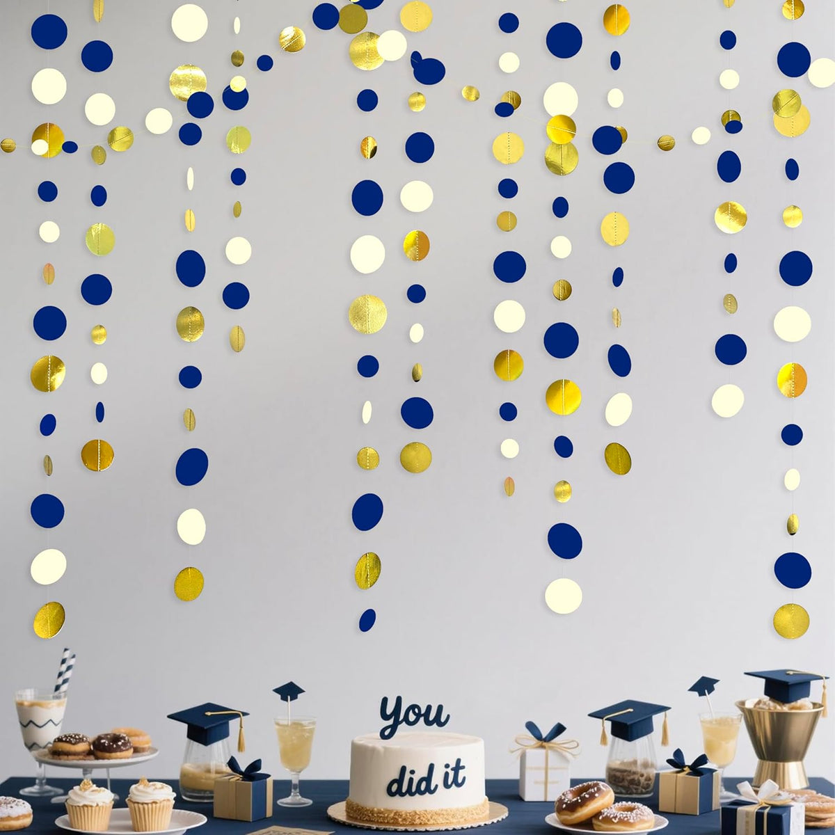 46 Ft Navy Blue and Gold Circle Dots Garland Royal Blue Hanging Paper Polka Dot Streamer for