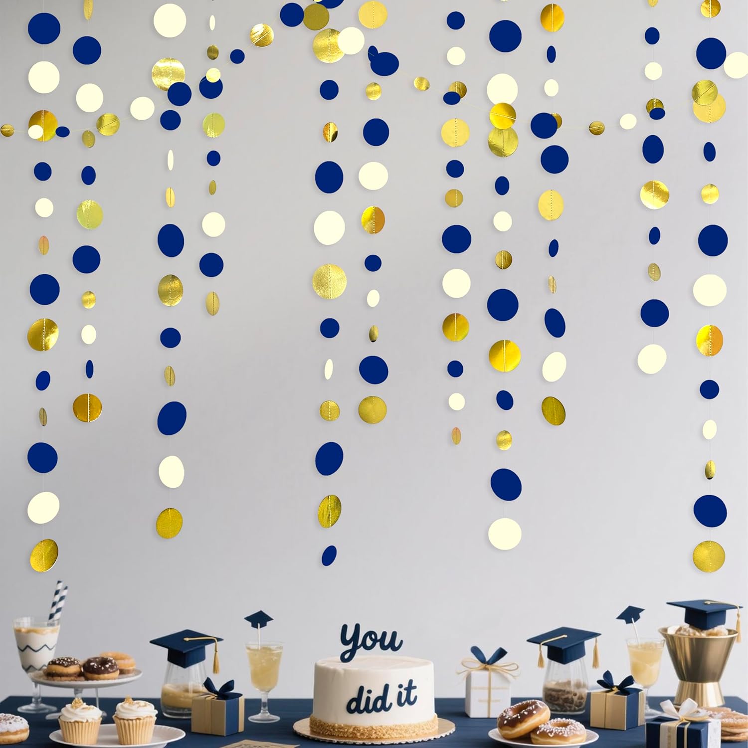 46 Ft Navy Blue and Gold Circle Dots Garland Royal Blue Hanging Paper Polka Dot Streamer for