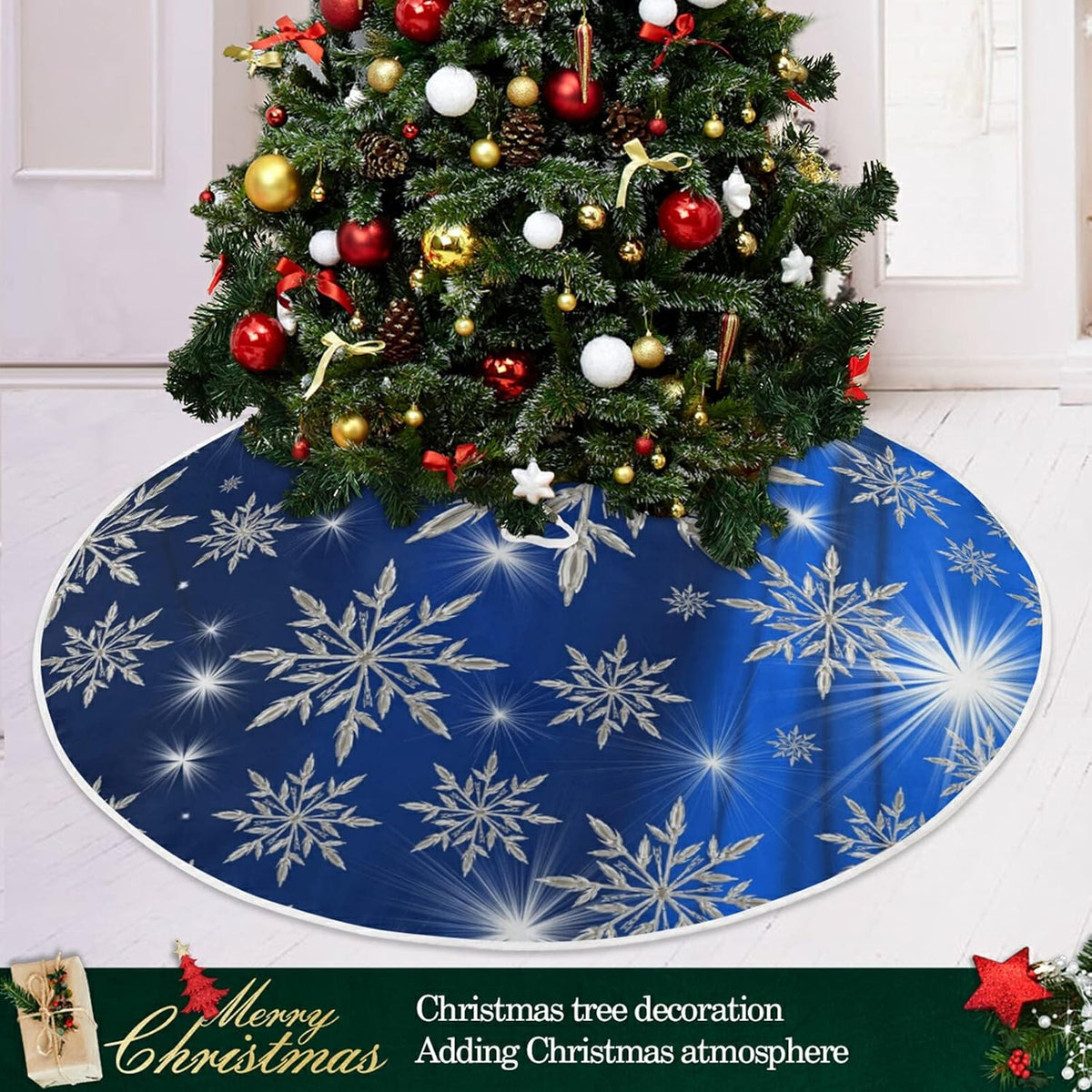 Christmas Blue Snowflakes Background Tree Skirt, Seasonal Tree Mat Holiday Party Supplies Ornaments