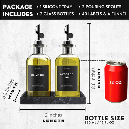 Olive Oil Dispenser Bottle For Kitchen With Silicone Tray & 40 Labels, Soy Sauce Dispenser, Coffee
