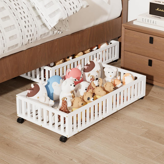 Bamboo Under Bed Storage with Wheels (2-Pack) – Rolling Underbed Shoe Organizer Box for Shoes
