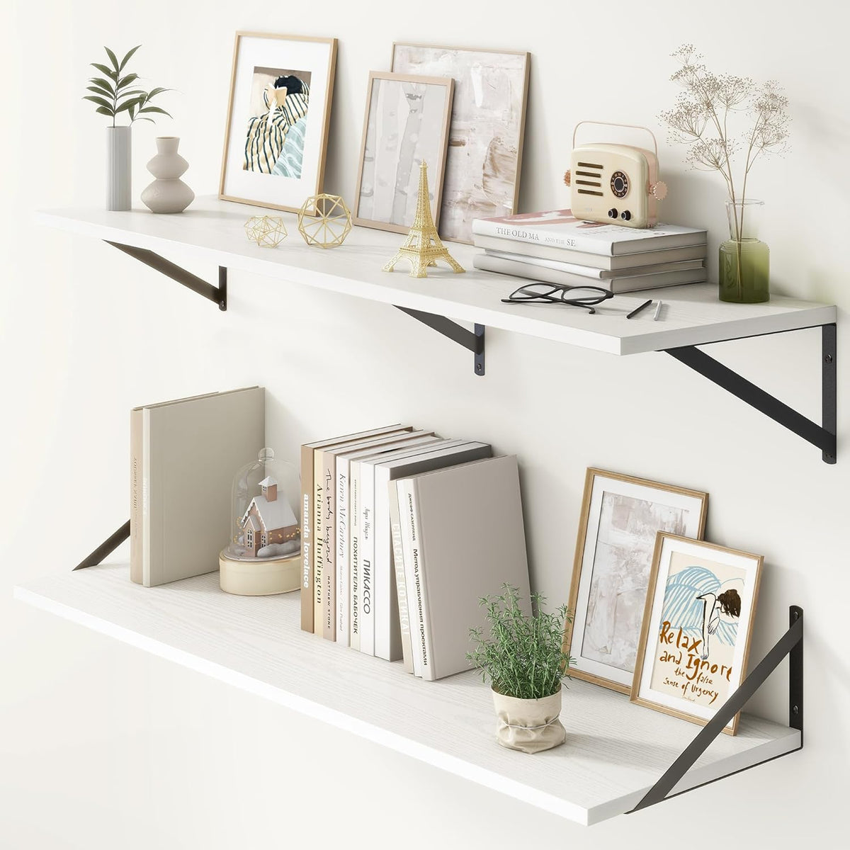 12 Inch Deep Floating Shelves, White Floating Shelves 48W x 12D, Deep Wall Shelves Bracket Set of