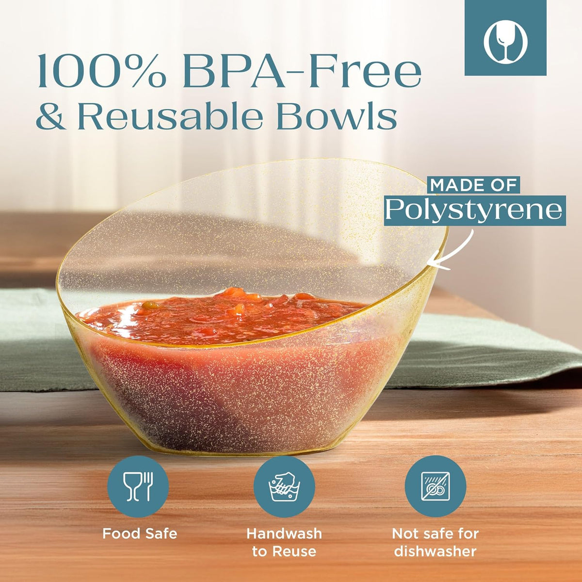 Posh Setting Gold Plastic Serving Bowls - Angled, Disposable for Chips, Candy, Salad, Fruit