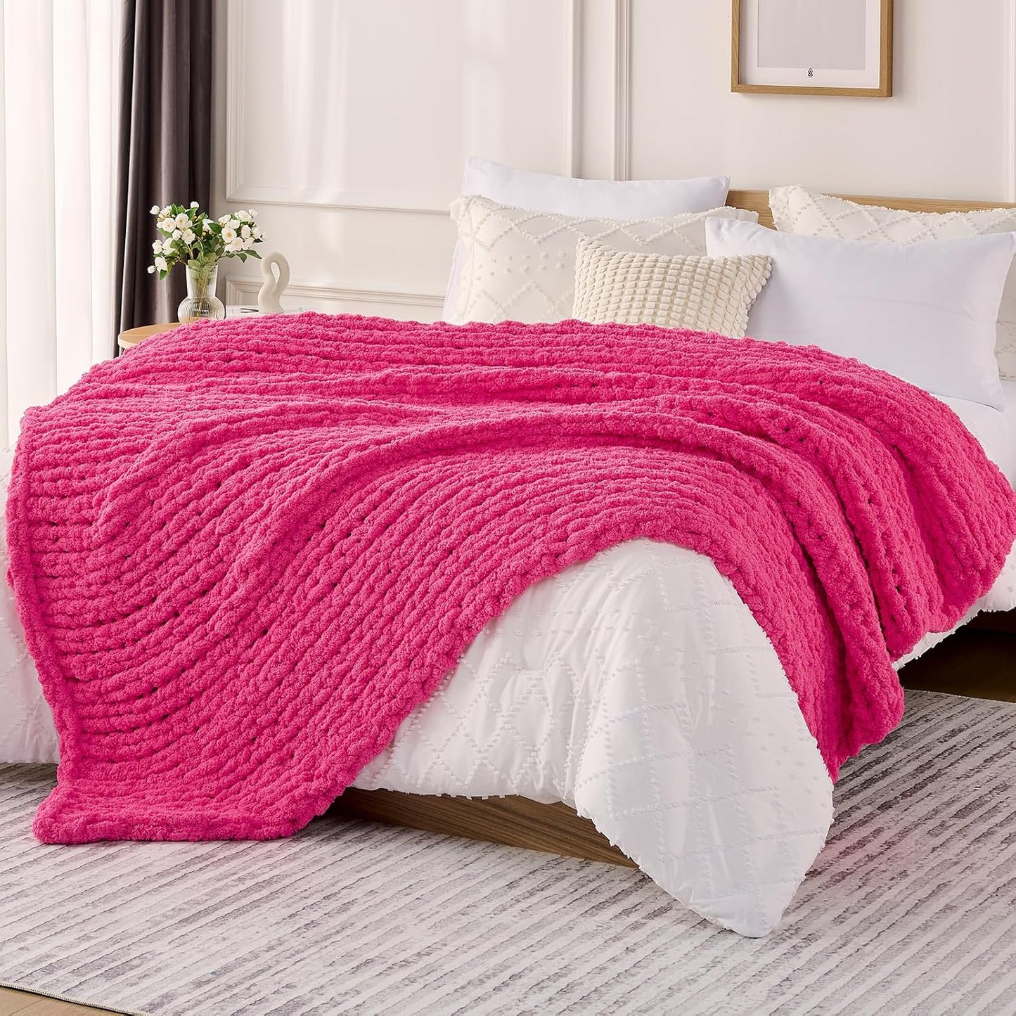 L'AGRATY Chunky Knit Blanket Throw: 50''x60'' Chenille Chunky Knitted Throw Blanket for Bed Couch