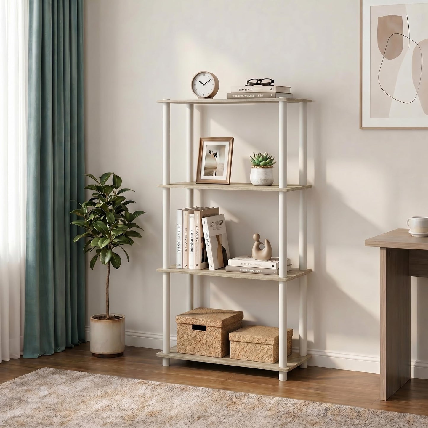 Furinno Turn-N-Tube Storage Shelves, 4-Tier Book Shelf, Corner Shelf, Toolless Open Shelves, for