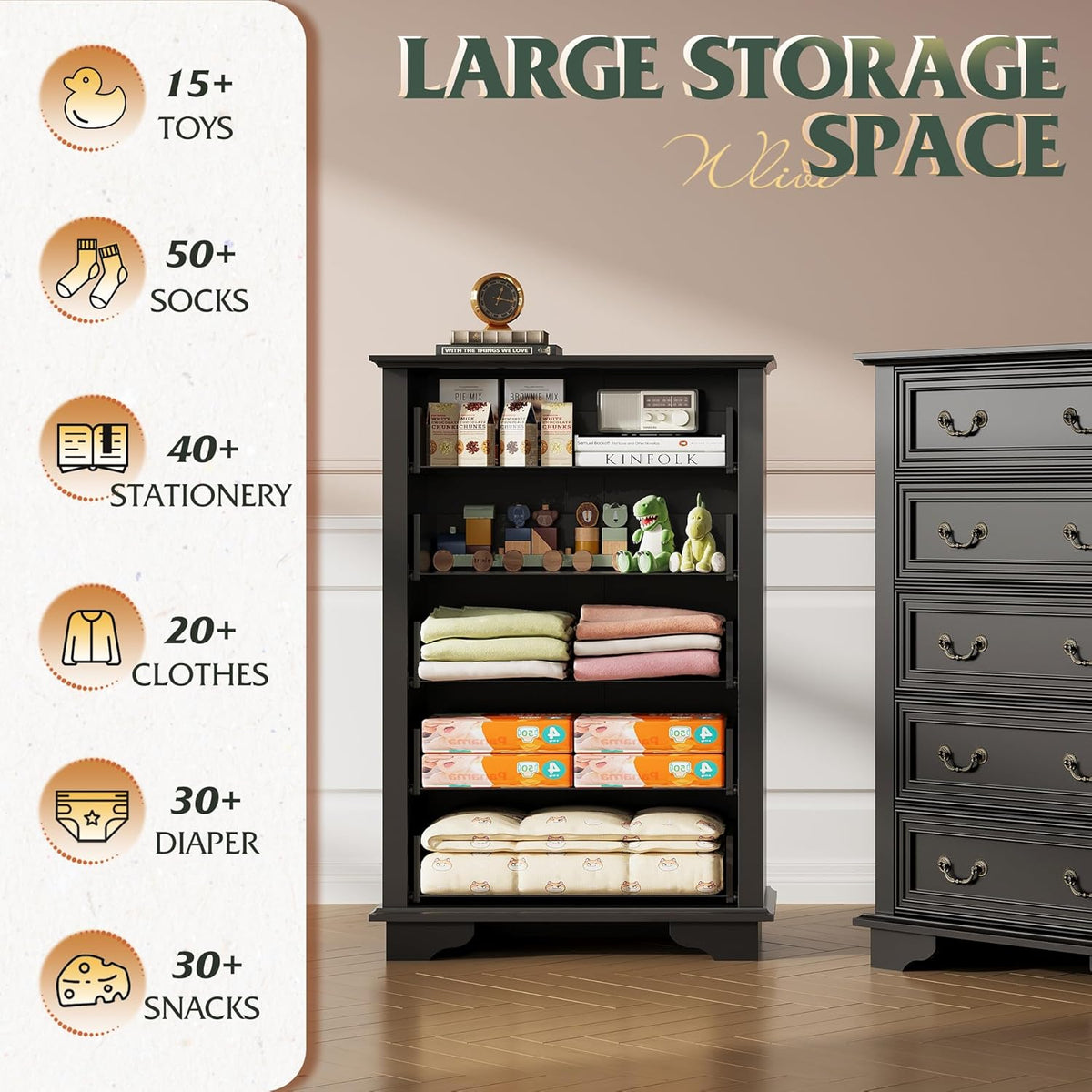 WLIVE Farmhouse Dresser for Bedroom, Tall Wood Dresser with 5 Drawer, Chest of Drawers with Roman