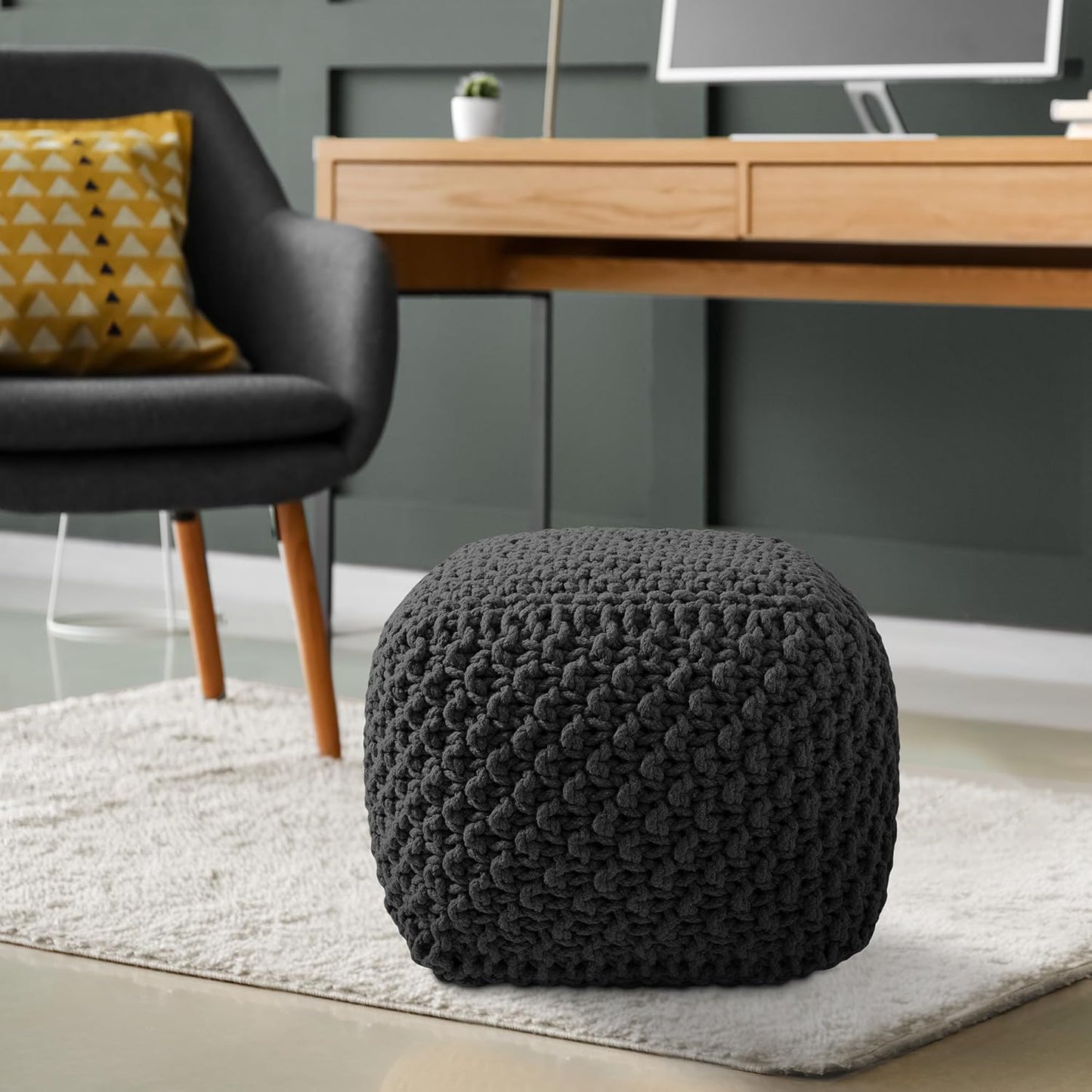 Casafield Square Pouf Ottoman, Black - 18.5" W x 18.5" D x 14.5" H Cotton Knit Foot Stool - Boho