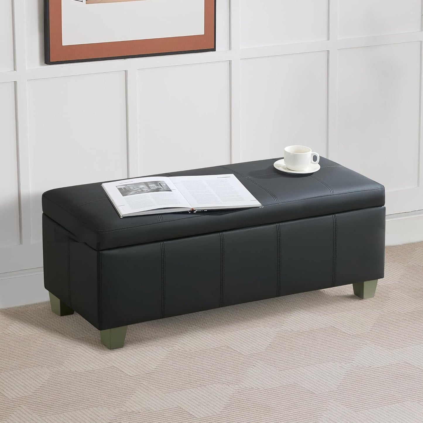 41" Faux Leather Storage Ottoman, Stitch Tufted Rectangle Upholstered End of Bed Storage Bench