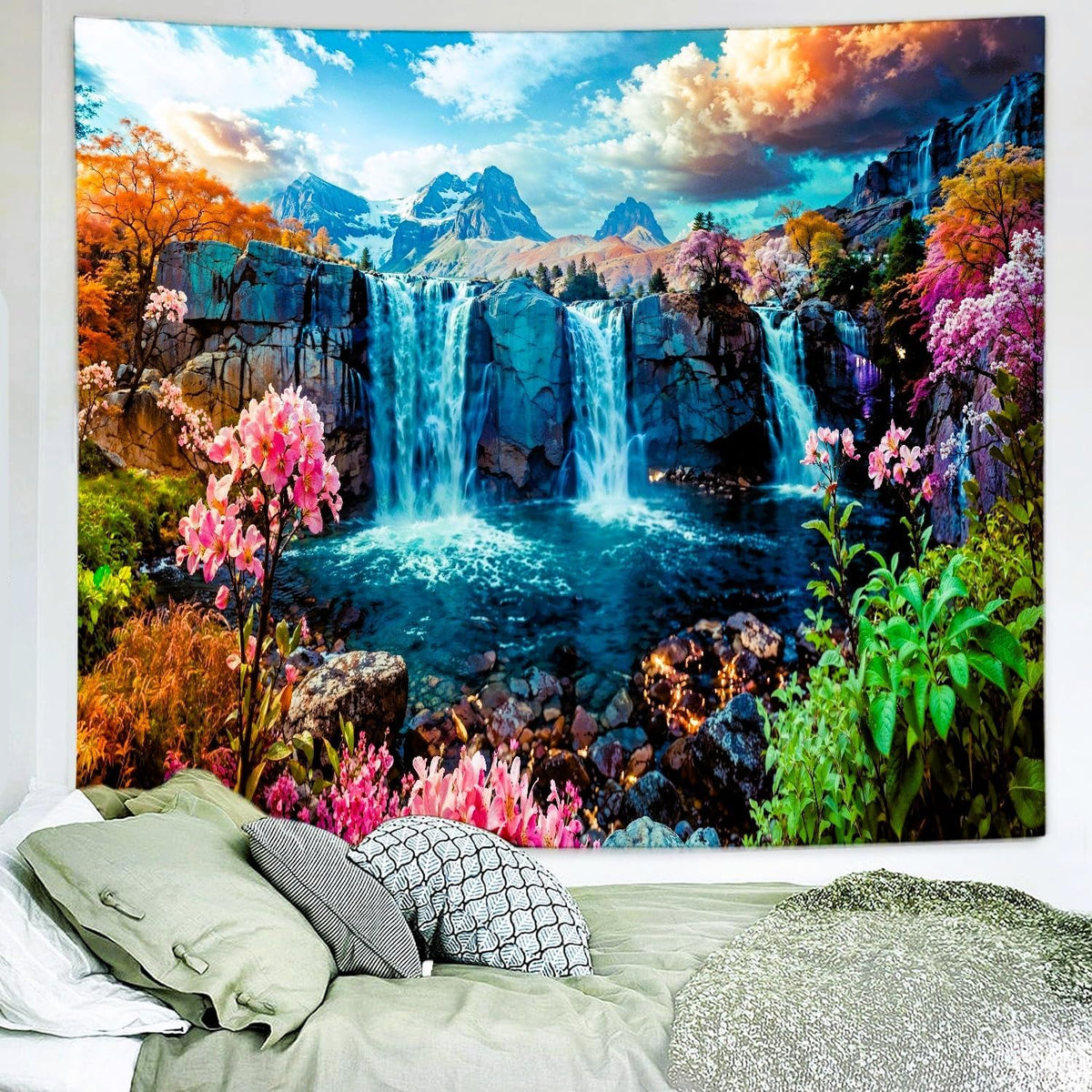 Delur Waterfall Tapestry Tropical Forest Mountain Sunset Tree Wall Hanging Tapestry Scenic